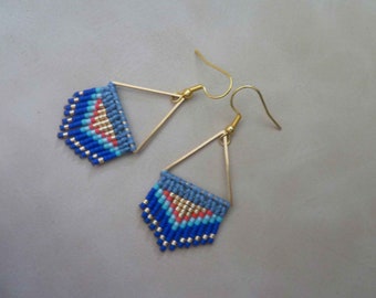 Earrings with hard blue, truquoise red and gold fringes, boho inspired