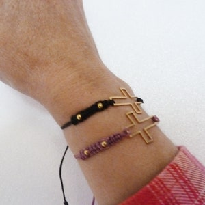 Friendship bracelet in macramé with gold steel cross, pink / blue / black, golden steel beads adjustable bracelet image 8