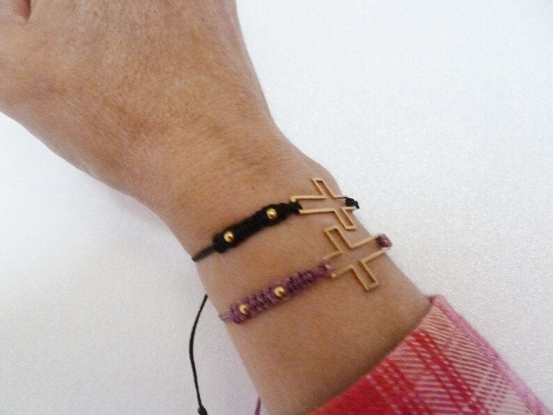 Friendship bracelet in macramé with gold steel cross, pink / blue / black, golden steel beads adjustable bracelet image 8