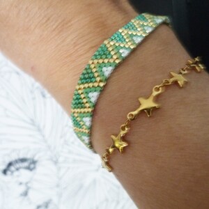 duo armband geweven groen en sterren in goudkleurig staal, boho chic met miyuki parels goudgroen, chique combo afbeelding 9