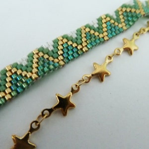 duo armband geweven groen en sterren in goudkleurig staal, boho chic met miyuki parels goudgroen, chique combo afbeelding 5