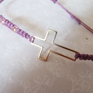 Friendship bracelet in macramé with gold steel cross, pink / blue / black, golden steel beads adjustable bracelet image 6