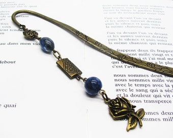 Marque-page métal bronze breloque fleur et perles bleues en sodalite, idée cadeau original pour elle, fait main