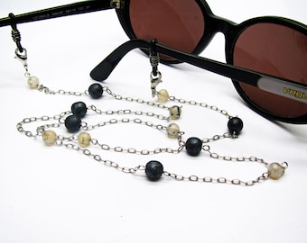 Cordon lunettes bijou perles anthracites et en agate sur chaine acier inoxydable, cadeau pour elle fait main