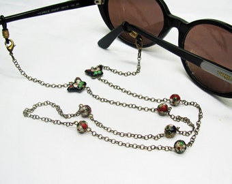 Cordon lunettes femme perles chinoises cloisonnées sur chaine de lunettes bronze, cadeau maman fait main