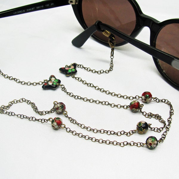 Cordon lunettes femme perles chinoises cloisonnées sur chaine de lunettes bronze, cadeau maman fait main