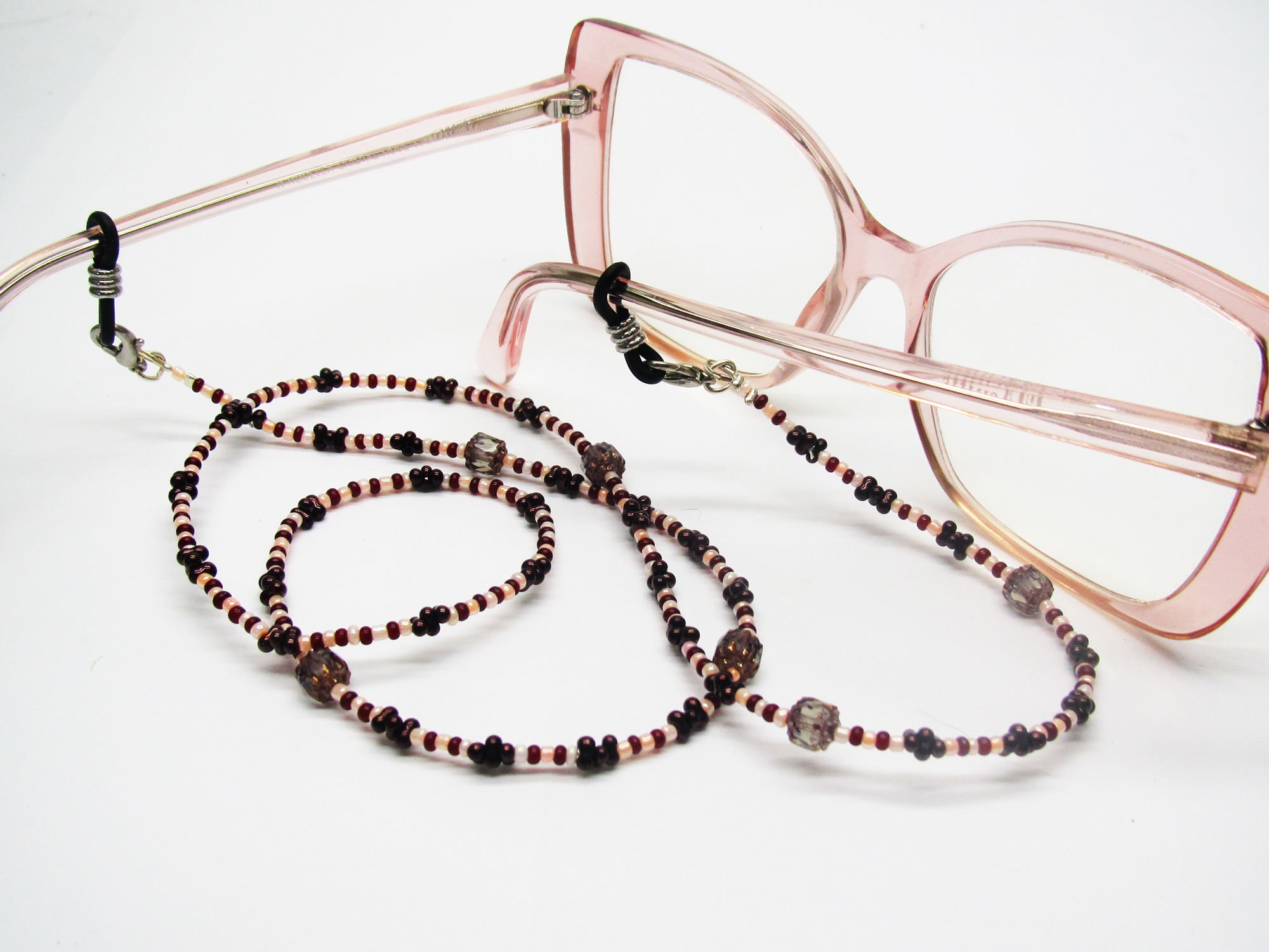 Chaîne à Lunettes Fantaisie – Perles Rocaille Miroir Et Cristaux, Rose