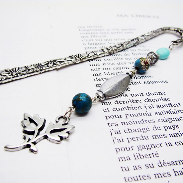 Jeweled bookmark in silver metal, flower charm and turquoise beads, original handmade women's gift