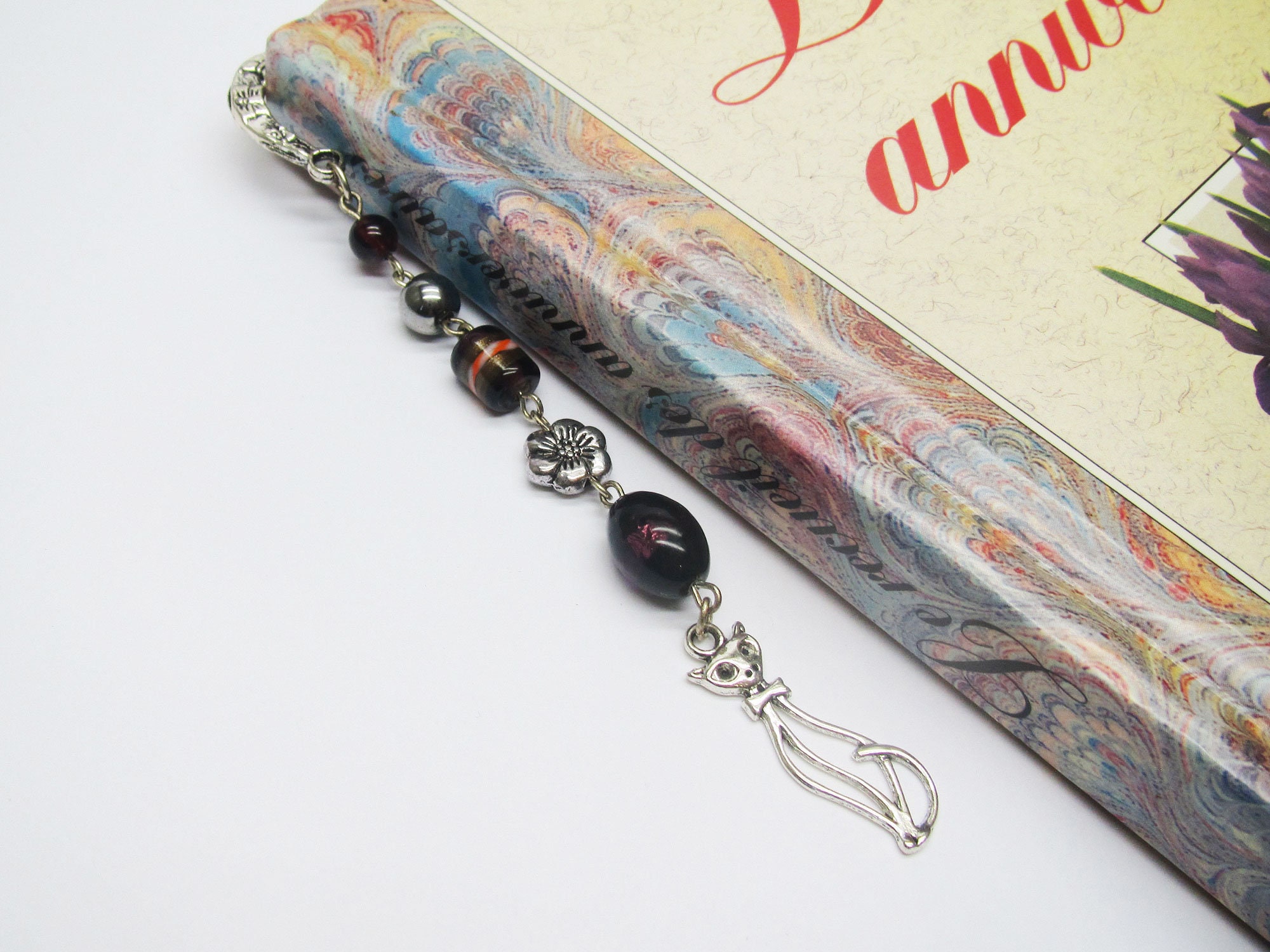 Silver metal jewel bookmark with cat charm and amethyst beads, unique handmade original gift