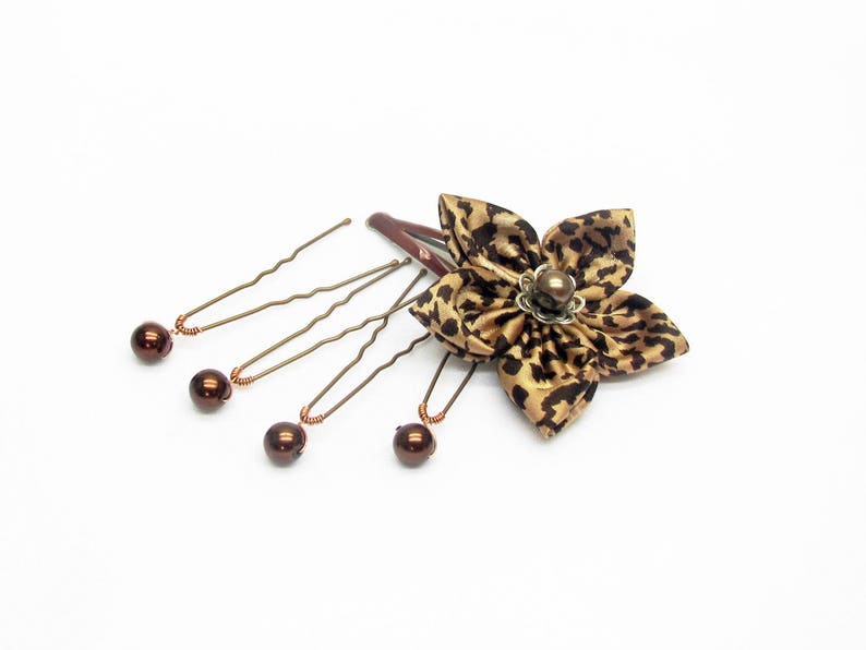 Déstockage : barrette clip fleur, pics à chignon perles, fleur kanzashi léopard, accessoires coiffure, barrette fantaisie, fait main, unique image 1