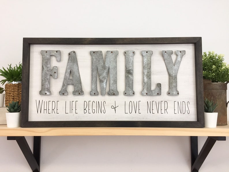 Family Where Life Begins and Love Never Ends Farmhouse Style Sign with Hand Cut Metal