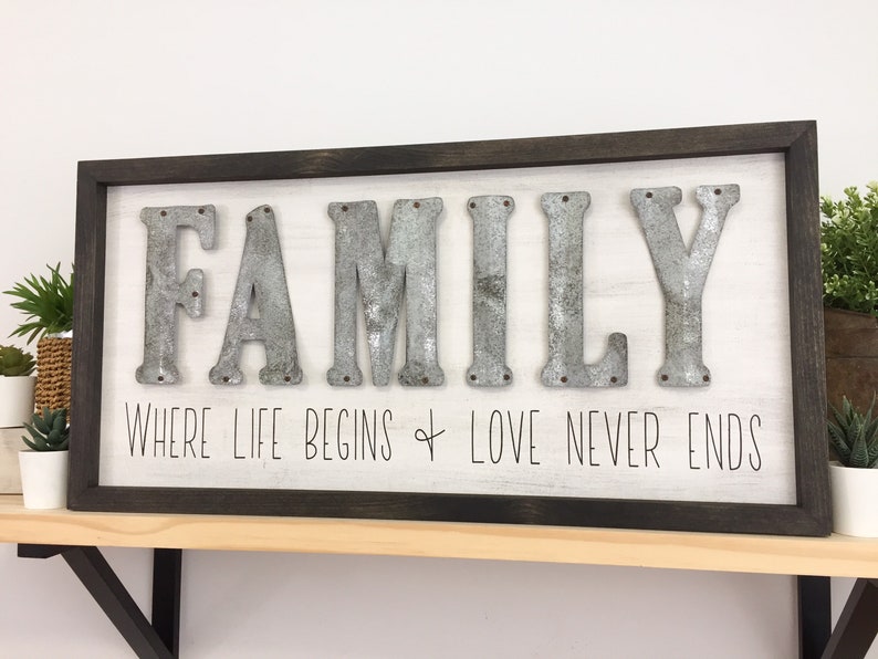 Family Where Life Begins and Love Never Ends Farmhouse Style Sign with Hand Cut Metal