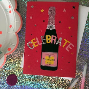Festeggia! Biglietto d'auguri con bottiglia di champagne / Occasione speciale / Compleanno, Matrimonio, Nascita, Laurea