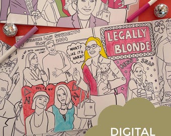 May include: A coloring page featuring characters from the movie Legally Blonde. The page includes a scene from the movie with Elle Woods, her dog, and other characters. The text "Legally Blonde" is written in a large font at the top of the page. The text "Bend & Snap" is written in a smaller font below the title. The page is designed to be colored in.