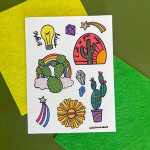 Hoja de pegatinas Shine Bright / Positive Plants / Juego colorido de pegatinas troqueladas ilustradas para decorar, llevar un diario o hacer álbumes de recortes