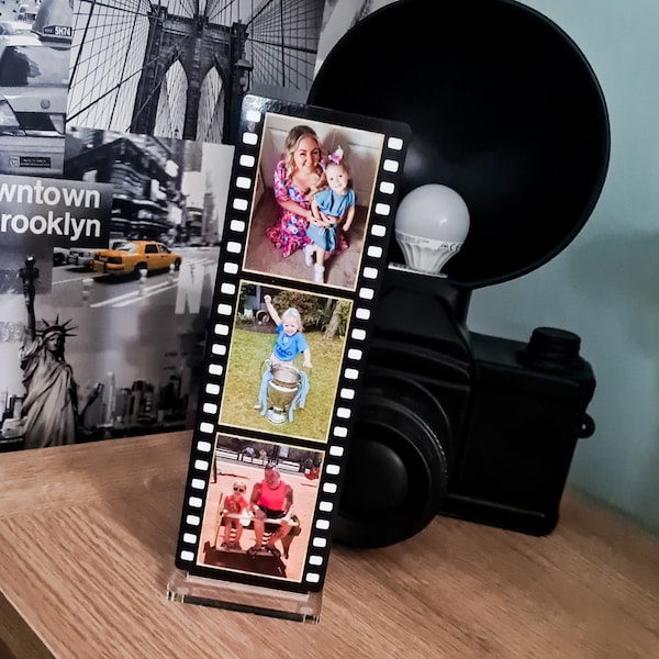 Personalised Photo Film Strip Stand - Photo Strip Plaque - Camera Roll Negative Strip Plaque -  Freestanding Photo Gift