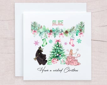 Personalised Wicked Christmas Card: Elphaba & Glinda Festive Card, Pink Goes Good With Green