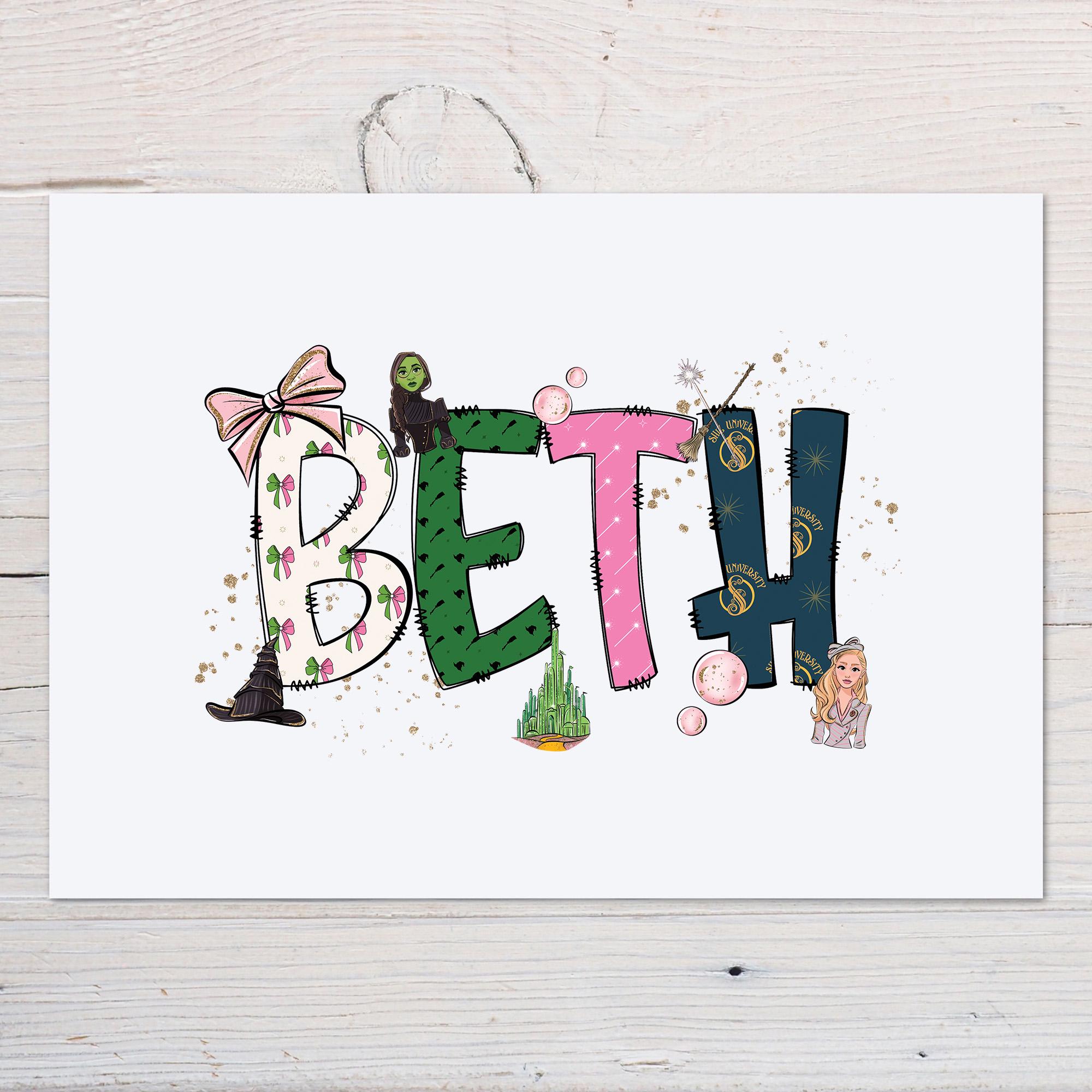 Personalised Wicked Print for Bedroom, Elphaba and Glinda Doodle Letters Wall Art, Pink and Green Wall Print for Any Age