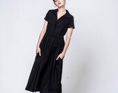 Black Buttoned Dress - Women Cotton Dress - Short Sleeves Dress - Women Clothing - Plaid Collar Dress - Oversized Pockets Dress - "Tamar"