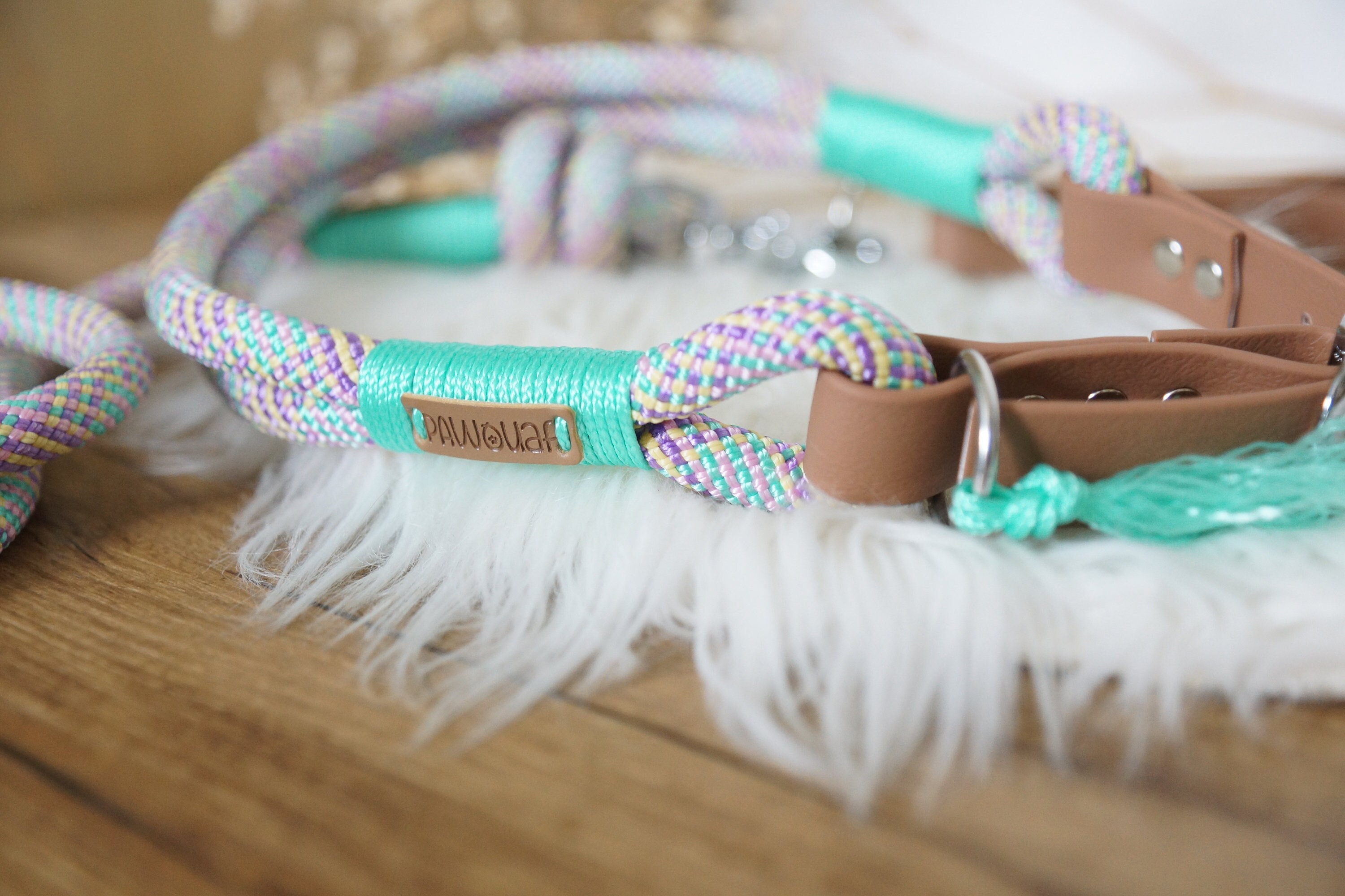 Collier Chien Réglable, Corde, Biothane - Mix Pastel Menthe et Violet/Violet Rose Collier Grand Chie