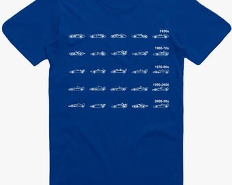 Könnte beinhalten: Königsblaues T-Shirt mit einer weißen Grafik, die die Entwicklung von Rennwagen von den 1950er bis 2000er Jahren zeigt. Das Design enthält Text, der die Jahrzehnte jedes Autostils angibt.