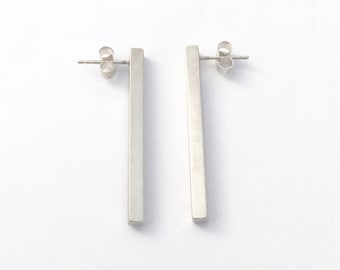 Sterling Silver Solid Shard Bar Earrings, long, simple, sleek, modern, contemporary, minimal, urban, brushed silver finish