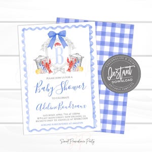 Crawfish Boil Baby Shower Invitation, Preppy Southern Watercolor Blue Gingham Monogram Crest, Editable Instant Access