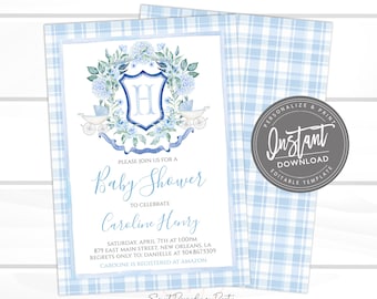 Baby Boy Shower Invitation, Sweet Baby Boy Carriage Invitation, Blue Boy Preppy Plaid Floral Crest Invite, Editable invite, Instant Access