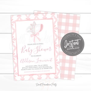 EDITABLE Pink Bonnet Invitation for Baby Shower, Baby Shower Blush Pink Watercolor Ribbon, Preppy Southern Invite, Digital Template