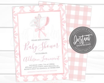 EDITABLE Pink Bonnet Invitation for Baby Shower, Baby Shower Blush Pink Watercolor Ribbon, Preppy Southern Invite, Digital Template