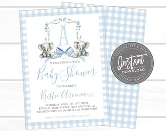 Elephant Baby Shower Invitation, Sweet Baby Boy Crest Invitation, Blue Boy Preppy Gingham Invite, Editable invite, Instant Access