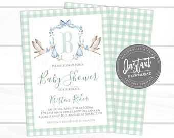 Stork Baby Shower Invitation, Sweet Baby Boy Crest Invitation, Blue Boy Preppy Gingham Invite, Editable invite, Instant Access