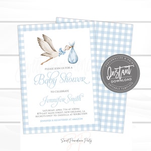 Stork Baby Shower Invitation, Sweet Baby Boy Invitation, Blue Boy Preppy Gingham Invite, Editable invite, Instant Access