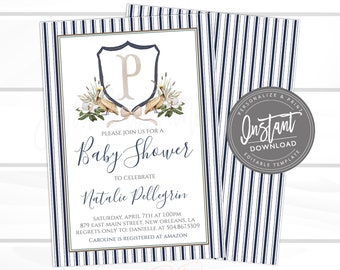 Baby Boy Shower Invitation, Sweet Baby Boy, Louisiana Pelican, Green Southern Magnolia, Preppy Crest Gingham Invite, Editable Instant Access