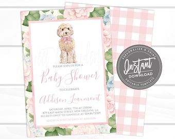EDITABLE Girl Baby Shower Invitation, Pink Dog Invite for Baby Shower, Preppy Southern Doodle Baby Shower  Watercolor, Digital Template