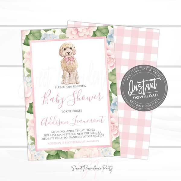 EDITABLE Girl Baby Shower Invitation, Pink Dog Invite for Baby Shower, Preppy Southern Doodle Baby Shower  Watercolor, Digital Template