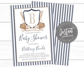 Baseball Baby Shower Invitation, Little All Star Couples Shower, Preppy Crest Editable baseball template, Its a Boy Shower, Instant Access