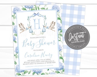 Stork Baby Shower Invitation, Sweet Baby Boy Crest Invitation, Blue Boy Preppy Gingham Invite, Editable invite, Instant Access