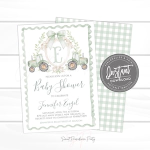 May include: A green and white baby shower invitation with a watercolour illustration of two green tractors and a wreath with the letter "E" in the centre. The text on the invitation reads "Please join us for a Baby Shower to celebrate Jennifer Engel Saturday, April 7th at 1:00PM 879 East Main Street, New Orleans, LA Regrets only to: Danielle at 504.867.5309 Jennifer is registered at Amazon Sweet Providence Party"