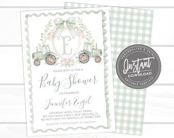 Trekker babyshower uitnodiging, Sweet Baby Farm Crest uitnodiging, neutraal zuidelijk groen pastel monogram, bewerkbare uitnodiging, Instant Access