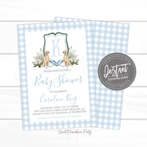 Baby Boy Shower Invitation, Sweet Baby Boy, Puppy Dog, Louisiana Blue Southern Magnolia, Preppy Crest Gingham Invite Editable Instant Access