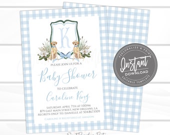 Baby Boy Shower Invitation, Sweet Baby Boy, Puppy Dog, Louisiana Blue Southern Magnolia, Preppy Crest Gingham Invite Editable Instant Access
