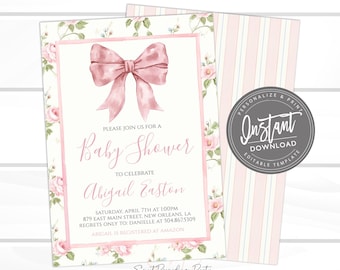 EDITABLE Pink Bow Invitation for Baby Shower, Minimalist Baby Shower Blush Pink Watercolor Ribbon, Preppy Southern Invite,  Digital Template