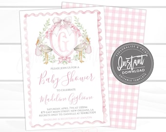 Storch-Babyparty-Einladung, süße Baby-Wappen-Einladung, rosa Mädchen-preppy Gingham einladen, bearbeitbare Einladung, sofortiger Zugriff