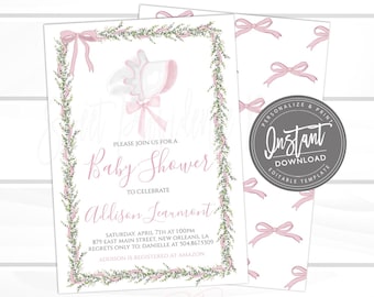 EDITABLE Pink Bonnet Invitation for Baby Shower, Baby Shower Blush Pink Watercolor Ribbon, Preppy Southern Invite, Digital Template