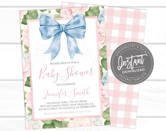 EDITABLE Girl Bow Invitation for Baby Shower, Baby Shower Pink Blue Watercolor, Preppy Southern Invite, Grandmillenial Digital Template