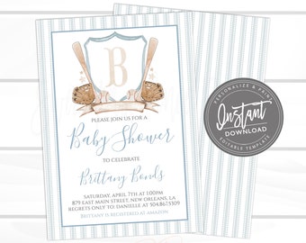 Baseball Baby Shower Invitation, Preppy Crest Editable baseball template, Little All Star Sports Shower Invite, Its a Boy, Instant Access