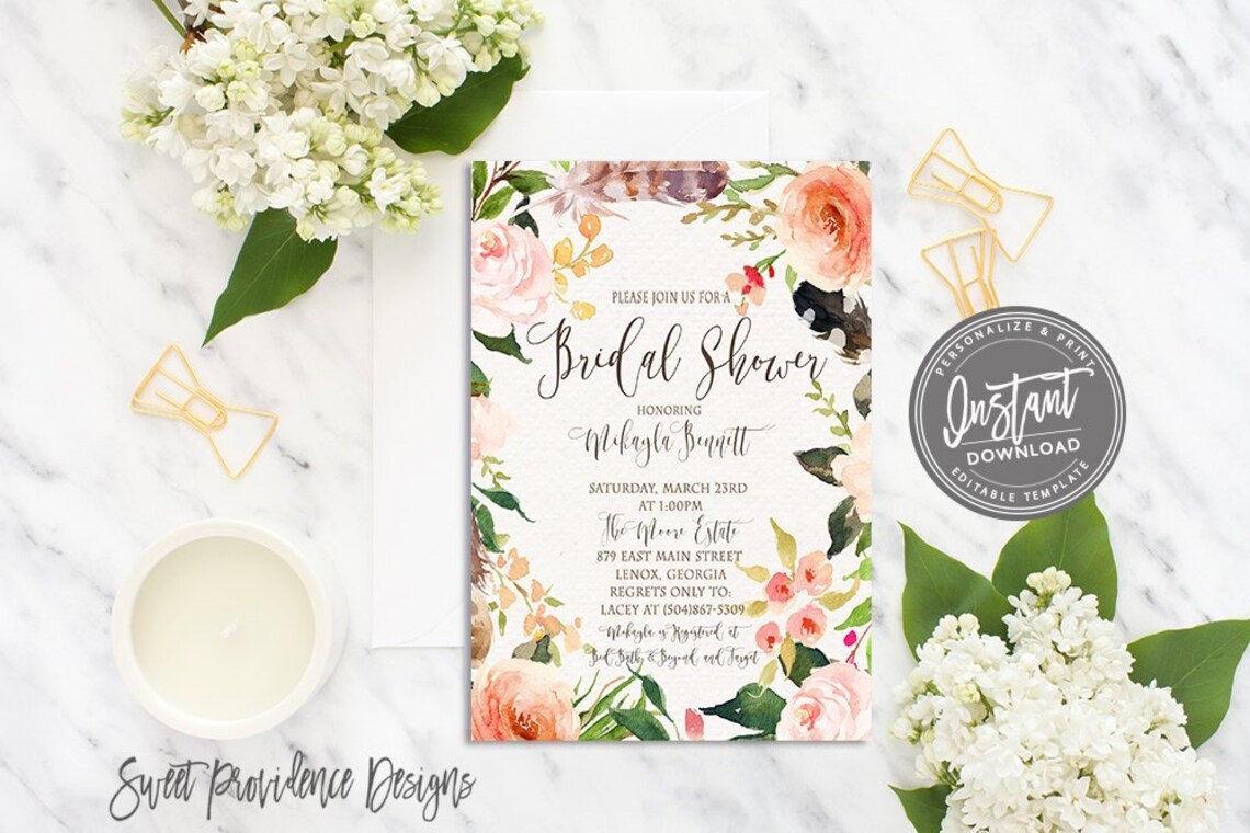 Boho Bridal Shower Invitation Printable Wedding Shower Etsy