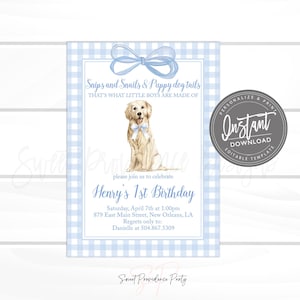 First Birthday Invitation, Boy Preppy Puppy Dog, Snips and Snails, Blue Gingham, Watercolor Coquette Bow, Editable File, Instant Access