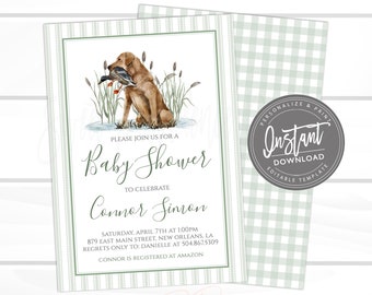 Baby Boy Shower Invitation, Sweet Baby Boy, Duck Hunting Dog, Hunting baby, Green Southern Preppy Invite Editable Instant Access